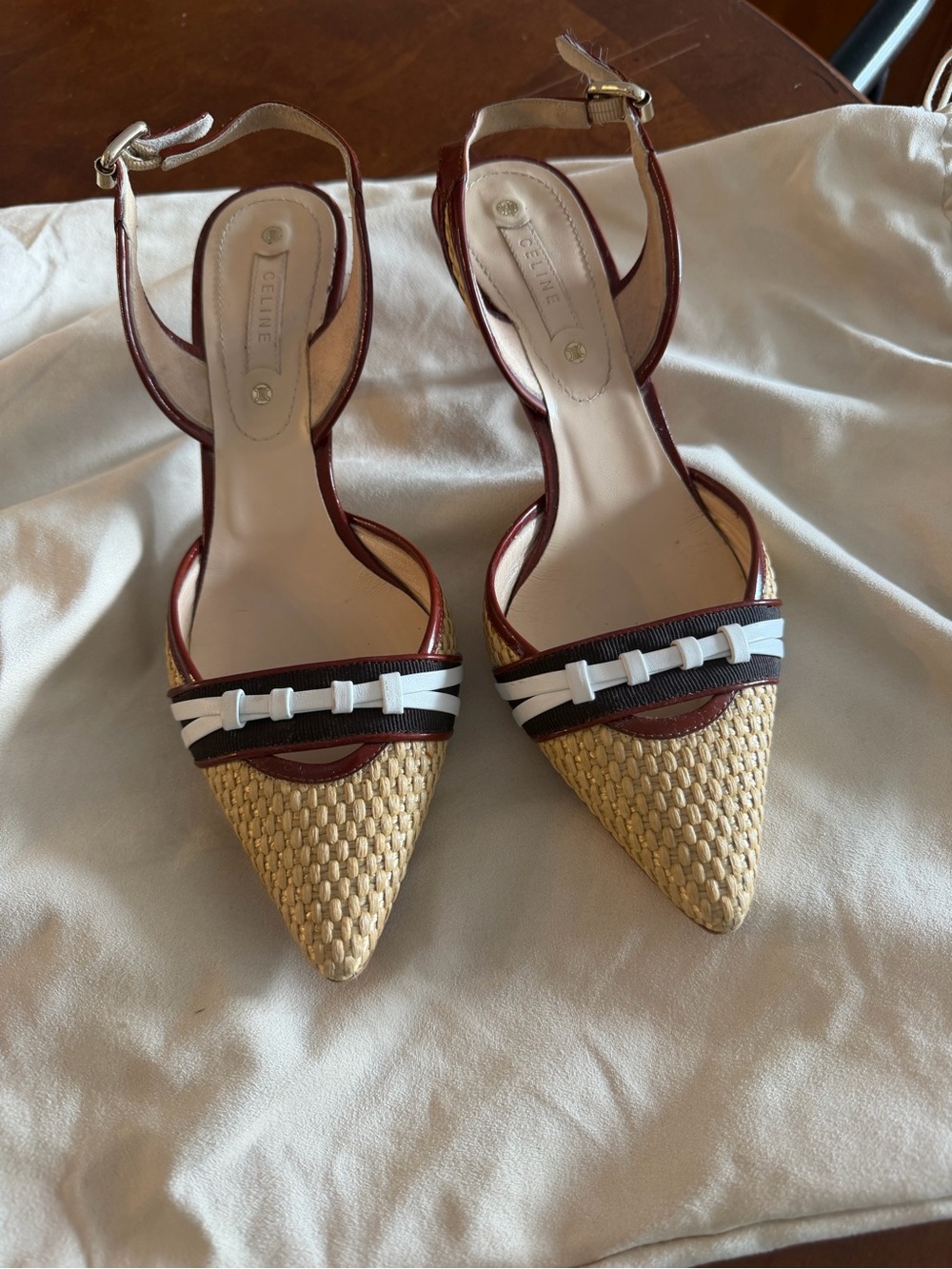 Celine Pointed Straw Slingback Heels in Brown, Natural & Black - Picture 1 of 4
